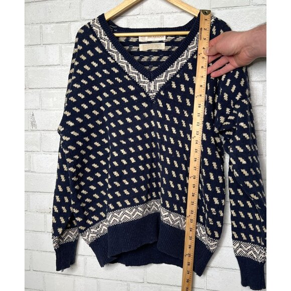 BRAEMAR Vintage 90s Mens XL 100% Cotton Sweater V Neck Diamond Pattern Navy Blue - Picture 3 of 5